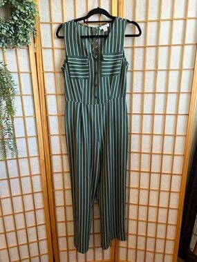 Monteau Green Striped Jumpsuit Medium Sleeveless Wide Leg Button Front Pockets